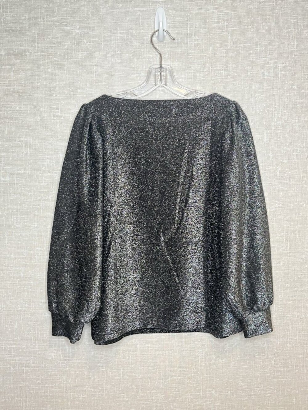 Loft Metallic Shimmer Puff Sleeve Top Black Silver Sz L NWT Holiday Party - Picture 6 of 6